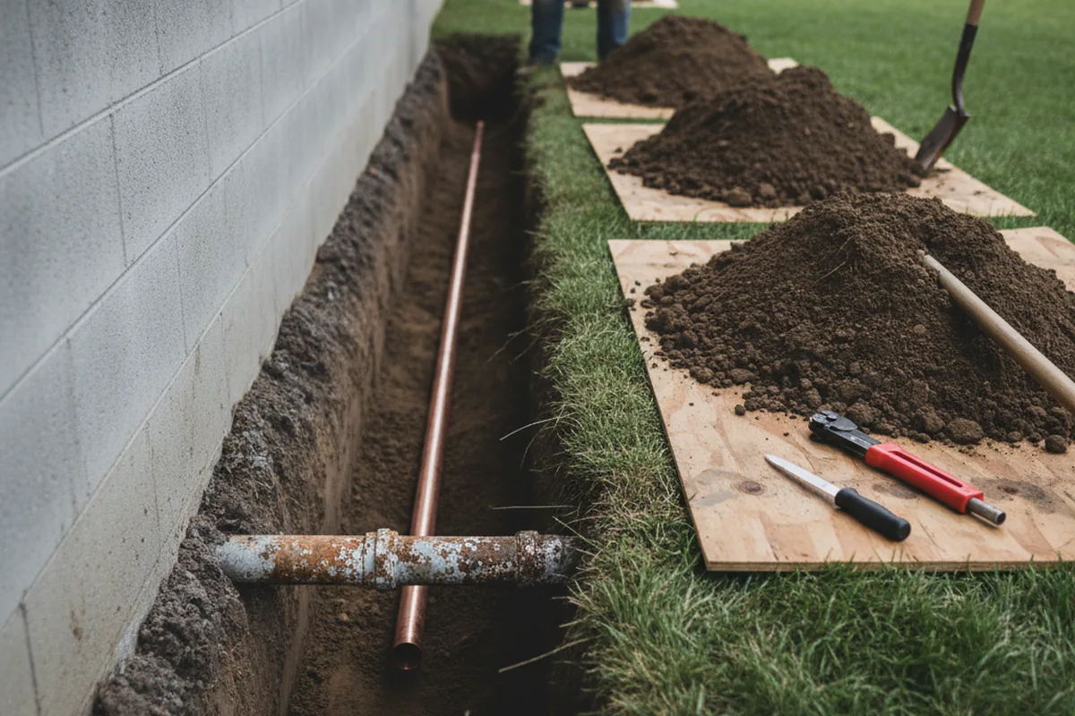Excavated water line trench during Sewer Line Repair in Steamboat Rock